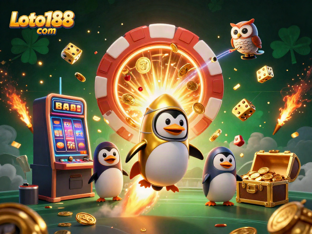 Experience the excitement of gaming with Loto188 com featuring a golden penguin and a bursting slot machine.
