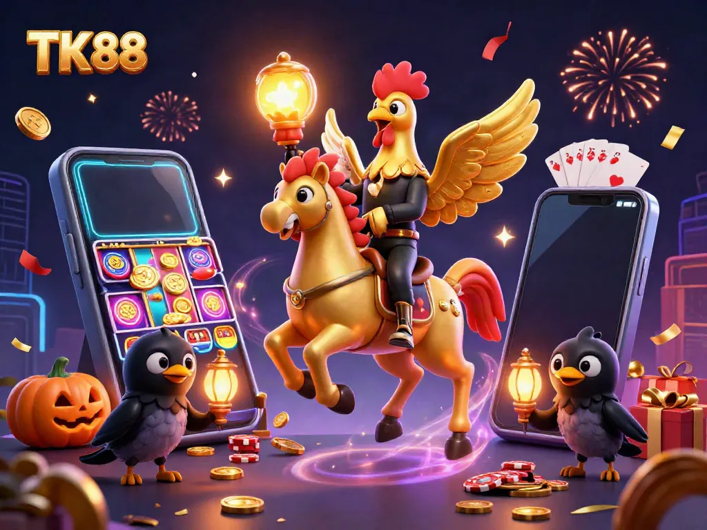 Engage with the vibrant casino experience of TK 88, featuring a golden rooster and festive elements.