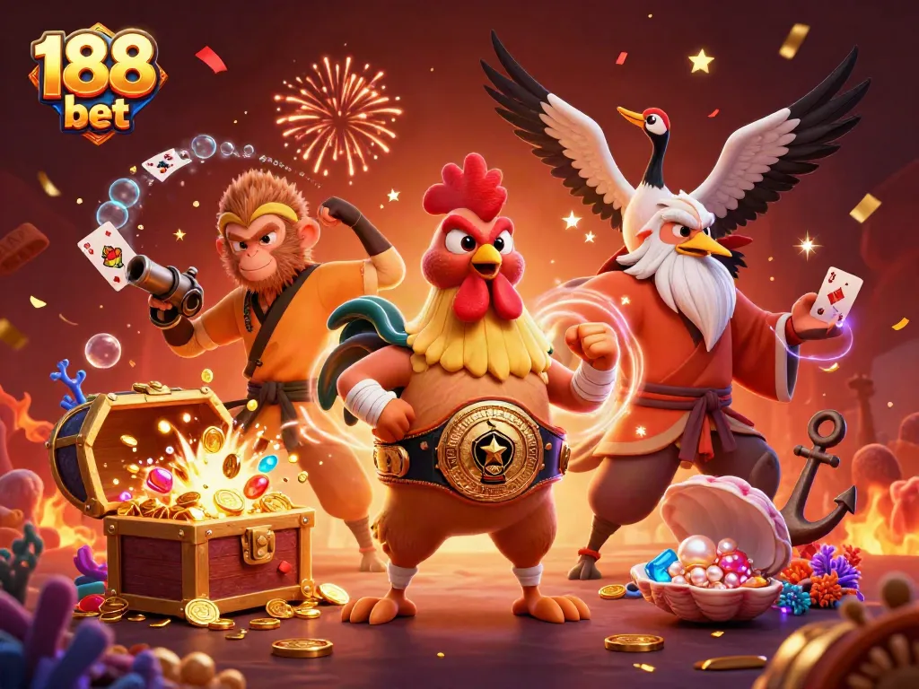 Experience the thrill of 188 bet with a dynamic scene of cartoon heroes amidst gold and games, promoting excitement and engagement.