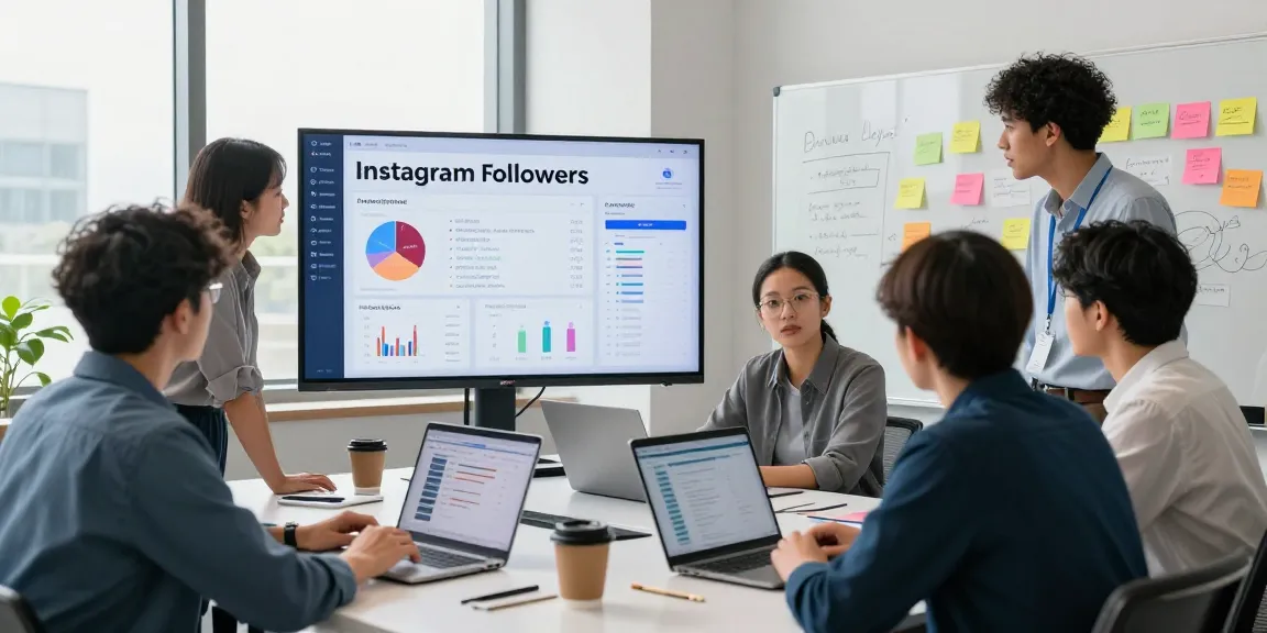 インスタグラムフォロワー購入の戦略を話し合う多様なチームのビジネスシーン