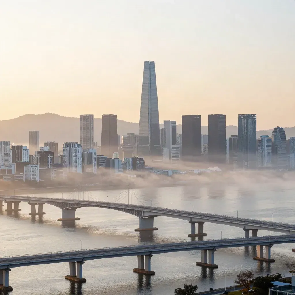 새벽 안개 속 한강과 서울 도심 스카이라인, 상단 랜드마크와 다리, 아래는 잔잔한 물결
