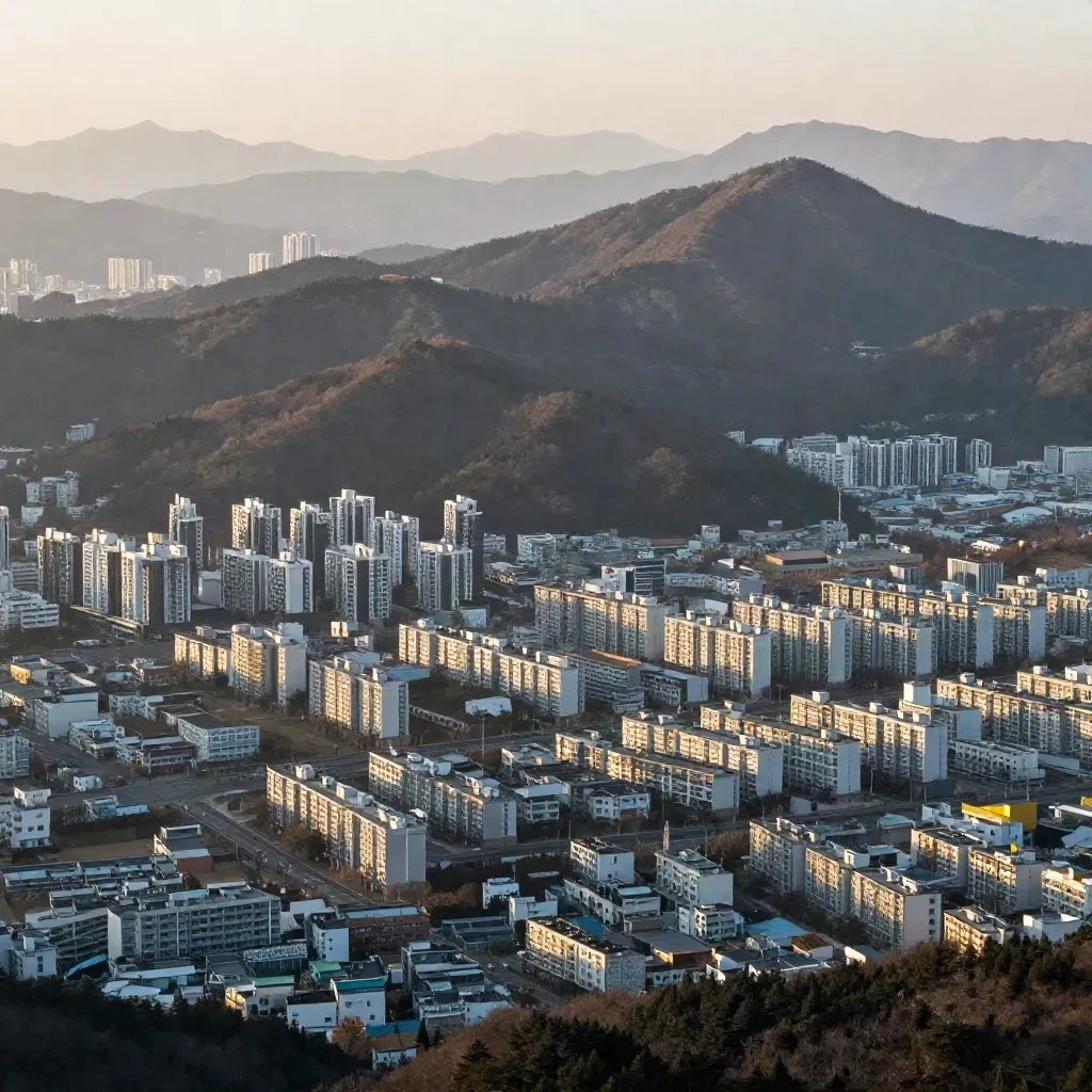 산등성이에서 내려다본 수도권 광역 도시와 아파트 군집, 안개 낀 오후 풍경