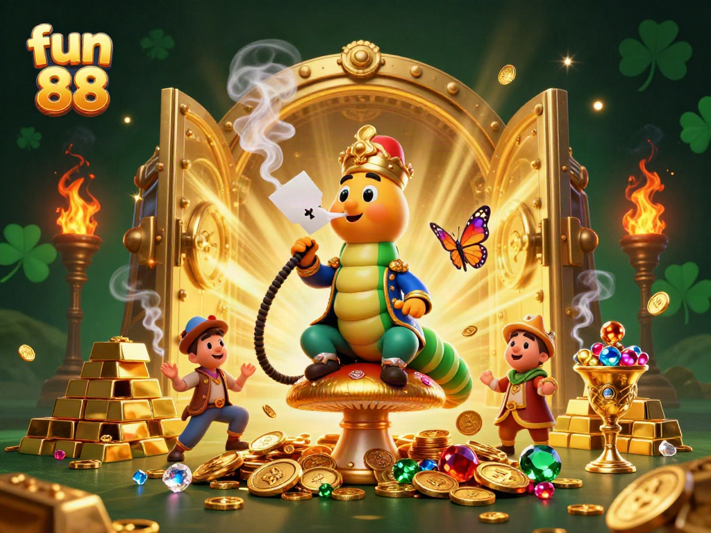 Experience fun 88's thrilling atmosphere with a vibrant casino scene featuring a hookah-master and golden treasures.