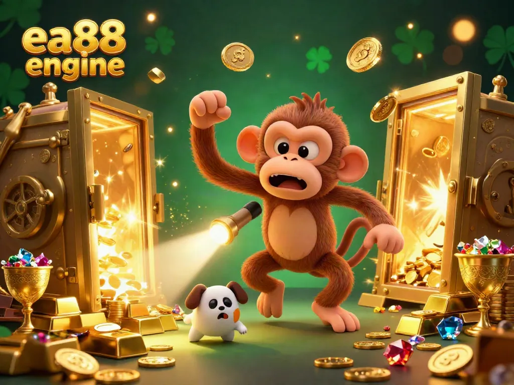 Experience the thrill of the ea88 engine with a mischievous poltergeist monkey and ghost-hunter puppy in a vibrant casino.