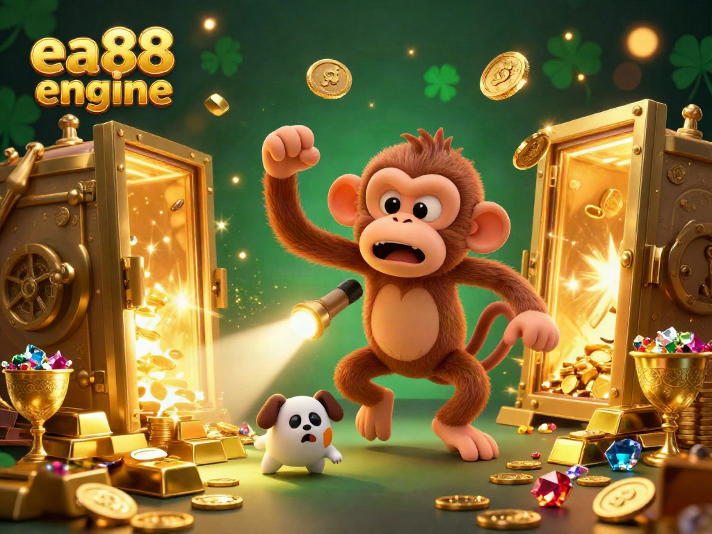Experience the thrill of the ea88 engine with a mischievous poltergeist monkey and ghost-hunter puppy in a vibrant casino.