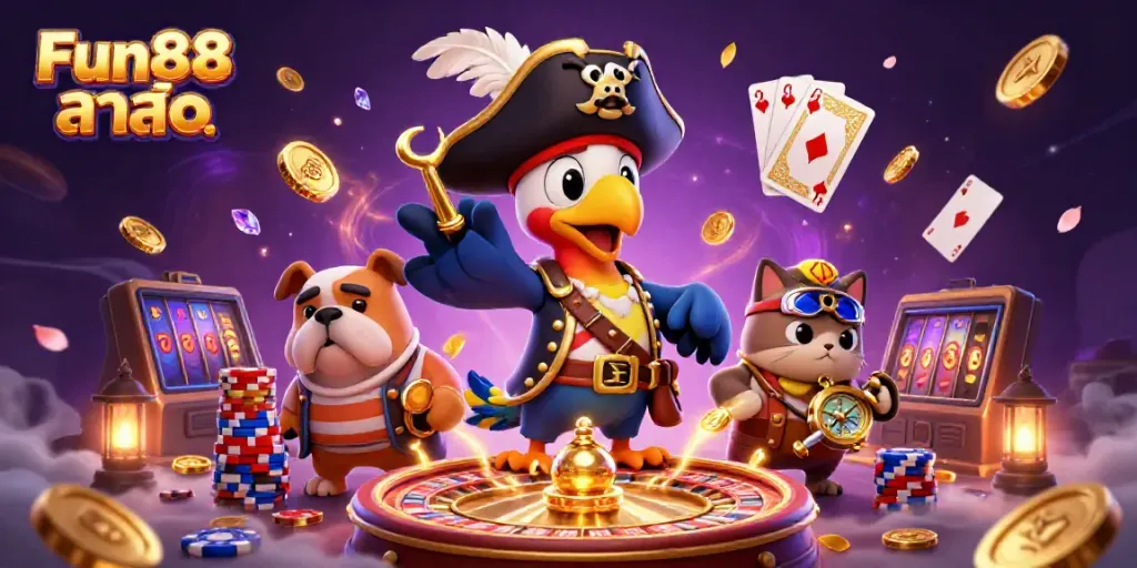 Engage with Fun88 ล่าสุด through vibrant casino characters amidst dynamic gaming elements.