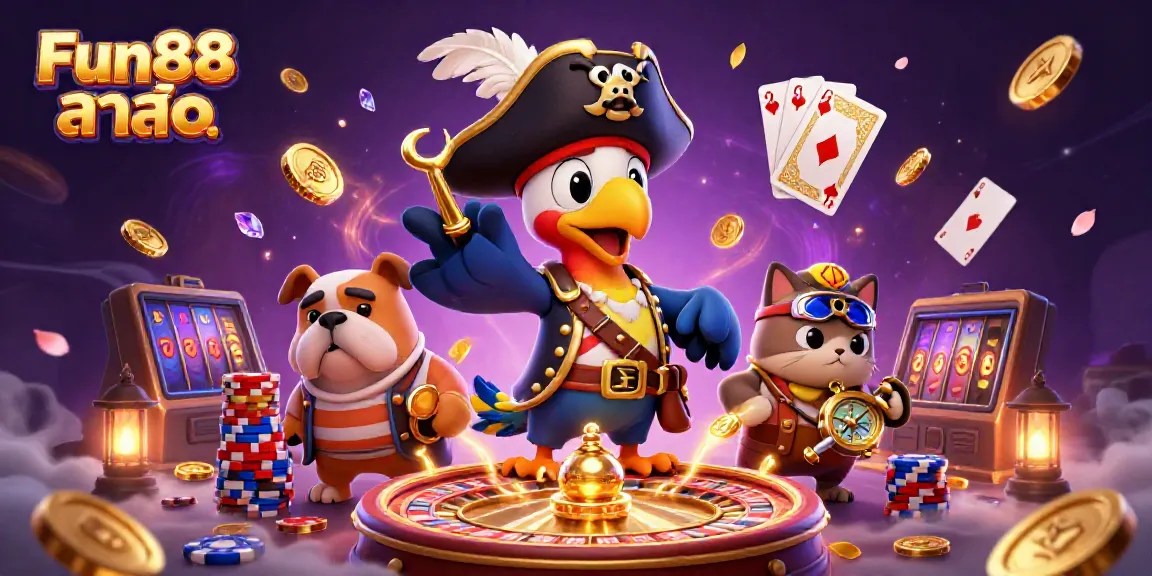 Engage with Fun88 ล่าสุด through vibrant casino characters amidst dynamic gaming elements.
