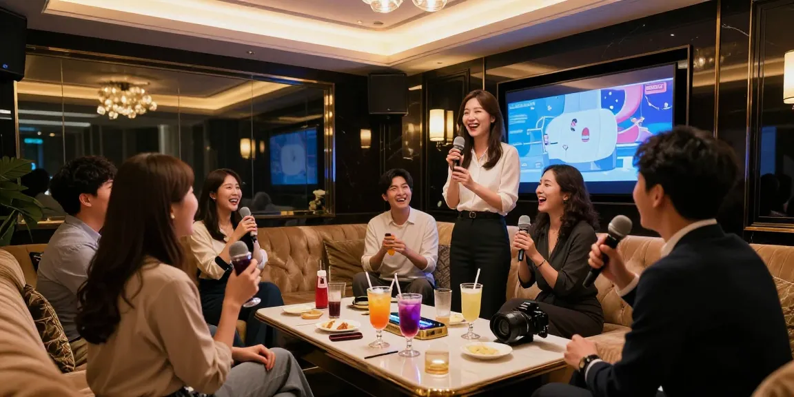 강남쩜오에서 고급스러운 분위기 속에 고객과 소통하는 전문 접객원과 다양한 음료가 있는 모습