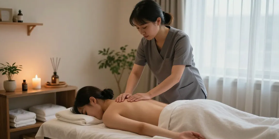 성남출장마사지 중인 마사지사와 편안한 고객의 모습, 아늑한 스파 환경.