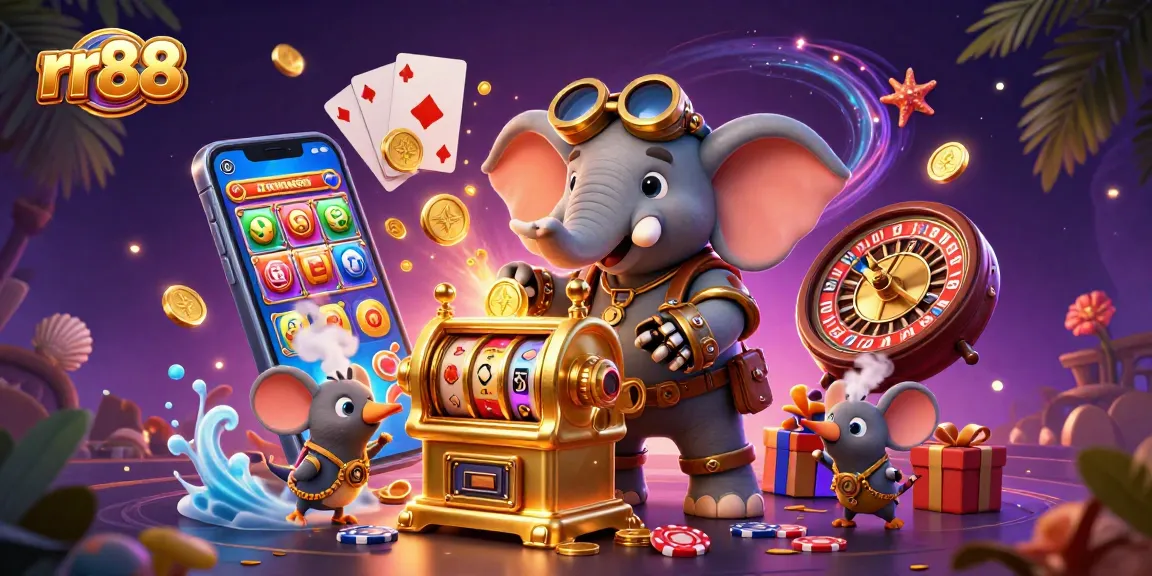 rr88 captivating slot machine scene with steampunk elephant and vibrant casino elements