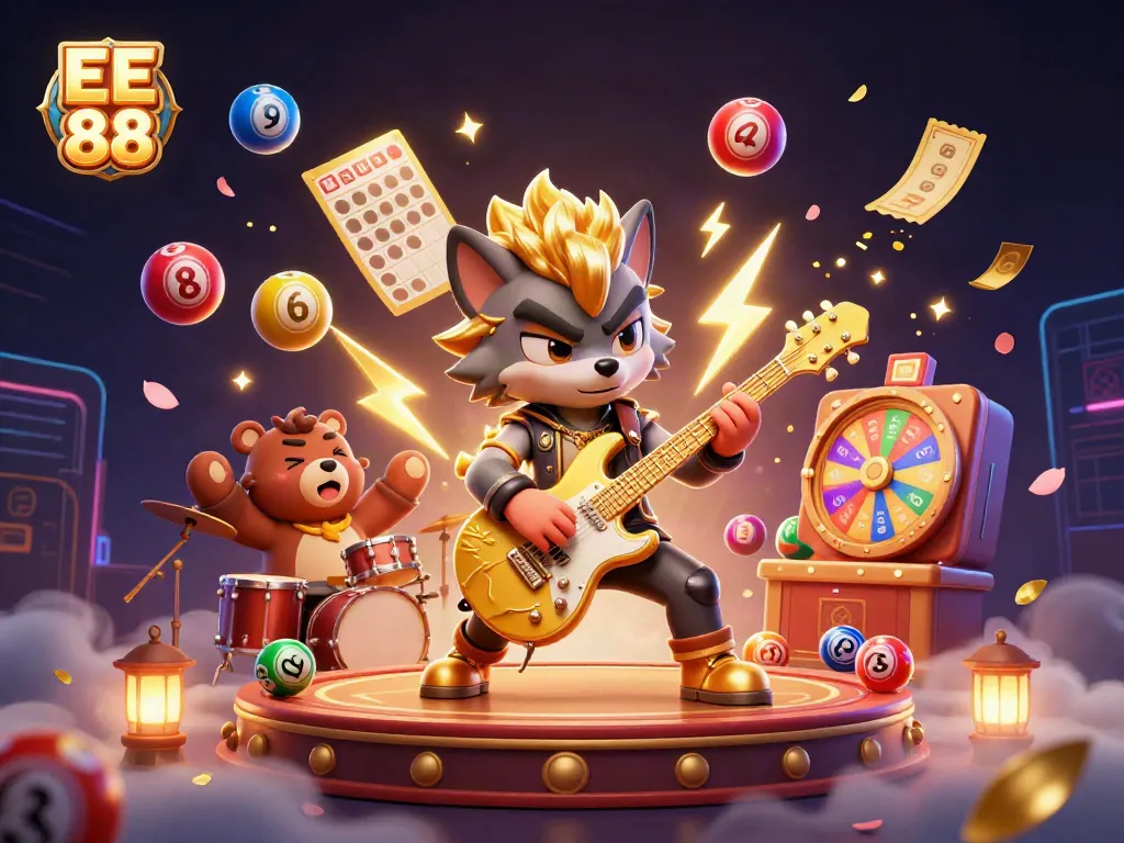 Experience the excitement of EE 88 with a rock star wolf and vibrant casino elements in a thrilling illustration.