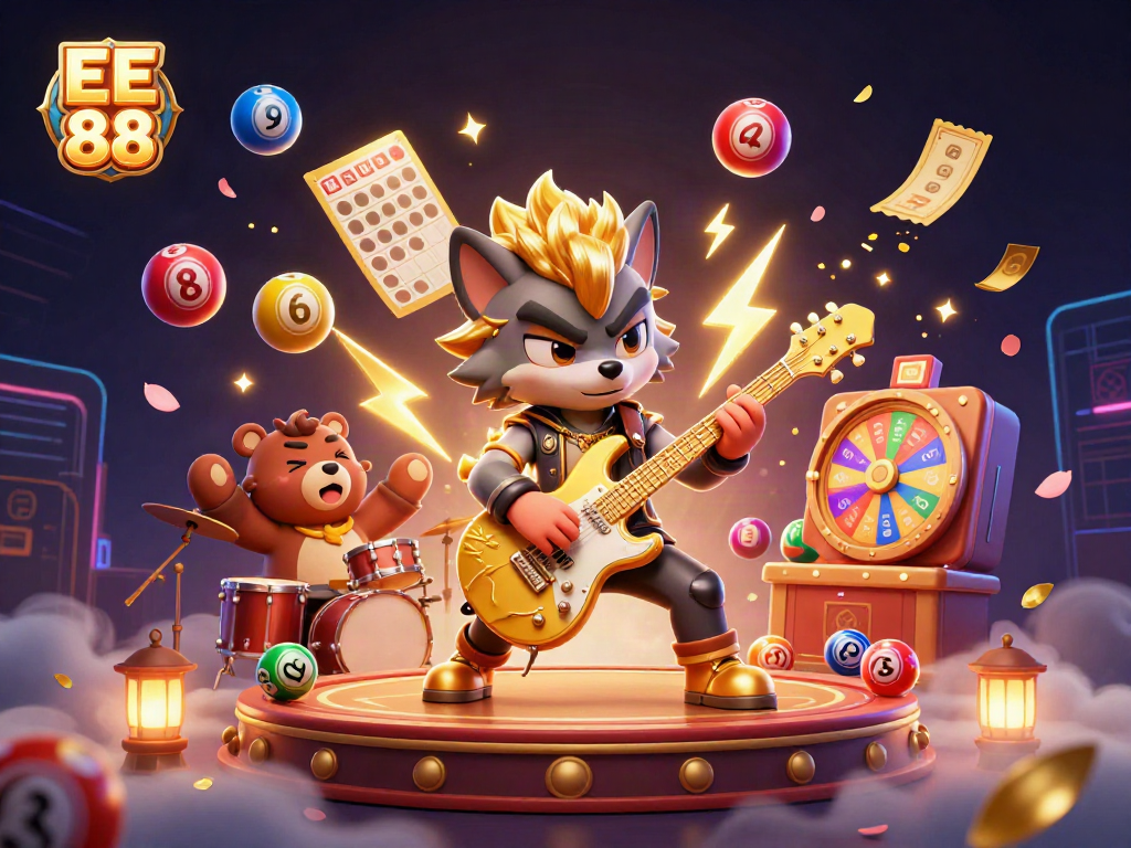 Experience the excitement of EE 88 with a rock star wolf and vibrant casino elements in a thrilling illustration.