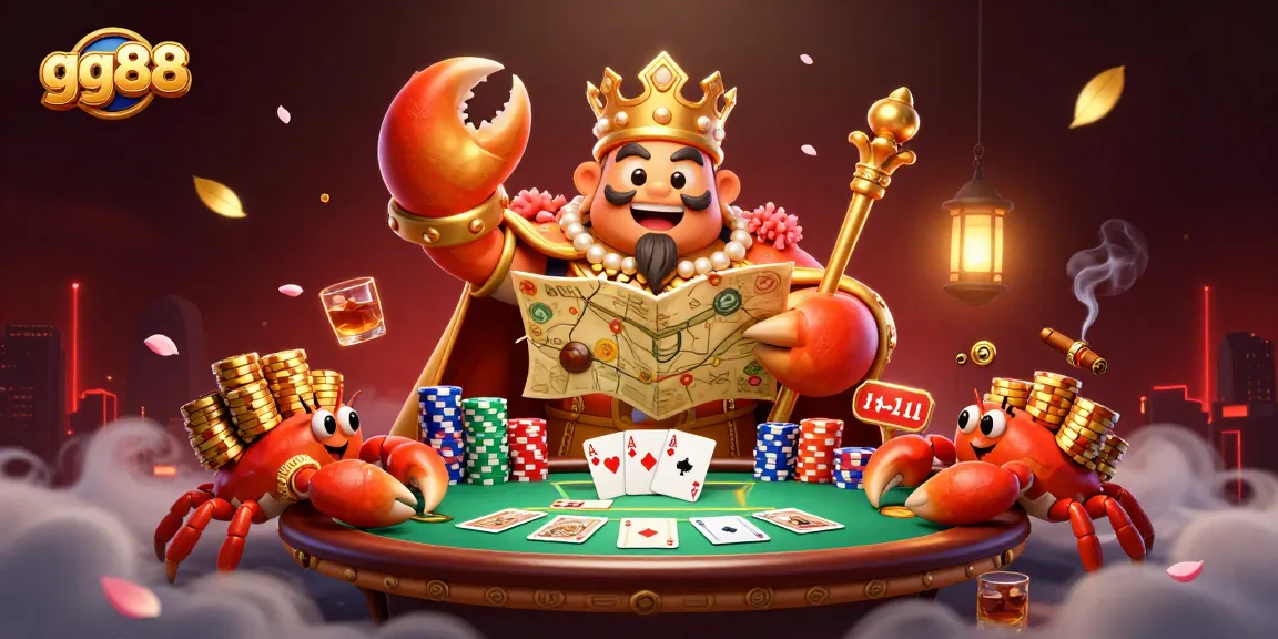 Engage with gg88's vibrant 3D casino scene showcasing a golden crab emperor amidst poker elements and lively atmospherics.
