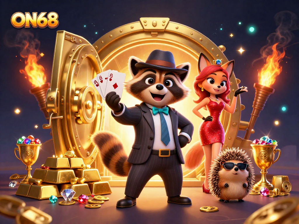 Experience the excitement at ON68 through a vibrant 3D illustration showcasing winning moments and luxury gaming elements.