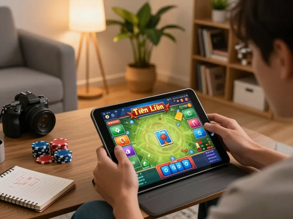 Engaged player enjoying topgamebai on tablet, showcasing colorful game interface and poker chips in cozy home setup.