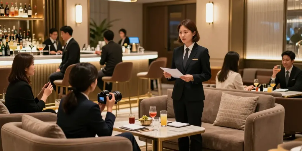 강남 타이밍의 고급스러운 라운지에서 고객과 소통하는 매니저의 모습