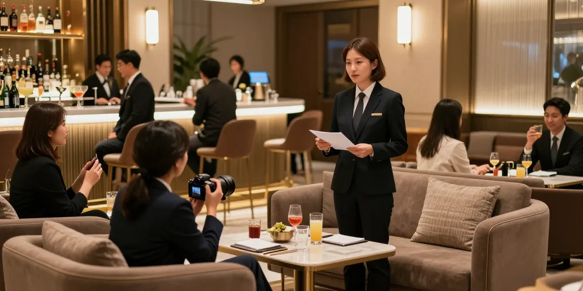 강남 타이밍의 고급스러운 라운지에서 고객과 소통하는 매니저의 모습
