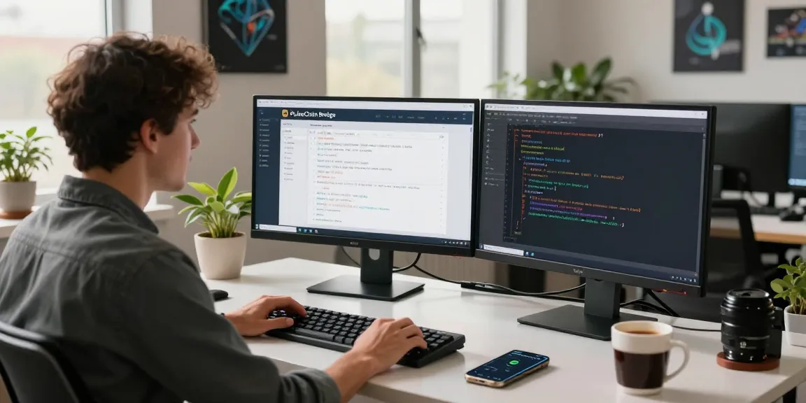 Developer using PulseChain Bridge interface in a modern tech workspace with dual monitors and blockchain visuals.