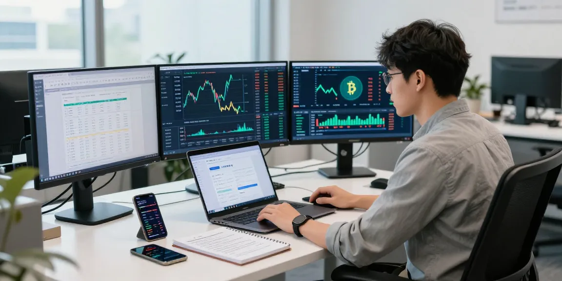 Trader engaging with 업투익스체인지 platform in a modern office, analyzing real-time cryptocurrency data.