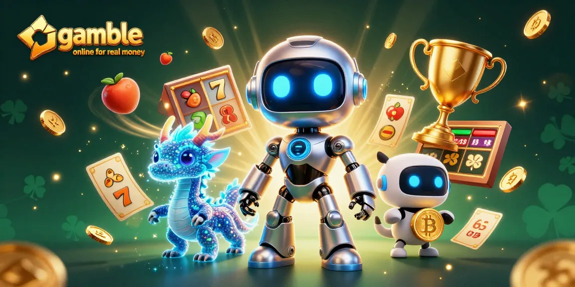 Gamble online for real money with spinning slot reels and a dynamic casino scene featuring a robotic mascot.
