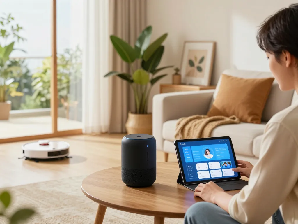 Showcasing tech gadgets for home in a modern living room with smart devices and a cozy atmosphere.