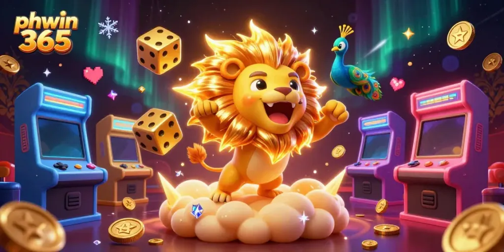 Experience thrilling gameplay with phwin 365, featuring a stunning 3D cartoon lion and golden casino elements.