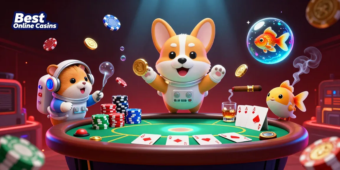 Experience the excitement of best online casinos with a floating astronaut corgi and vibrant poker elements in a cosmic casino.