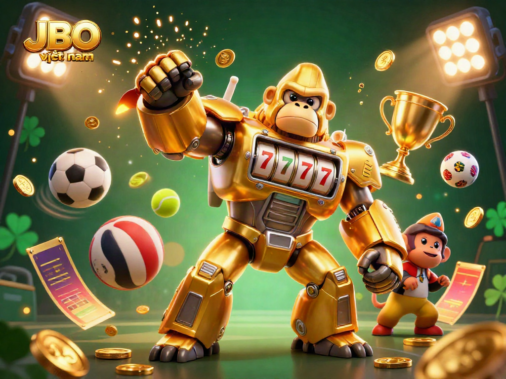 Experience the excitement of JBO việt nam with an ultra-detailed gaming scene showcasing sports betting and casino elements.