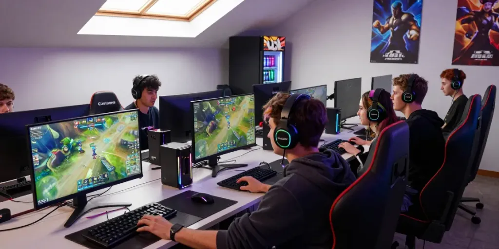 Engaged gamers enjoying an energetic competition in a vibrant gaming lounge featuring rokok88 themes.