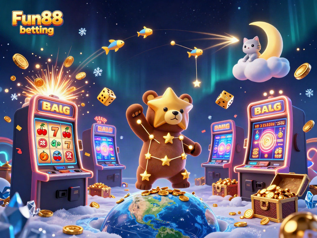 Experience fun and thrilling Fun88 betting with a dynamic 3D casino scene featuring a constellation bear and slot machines.