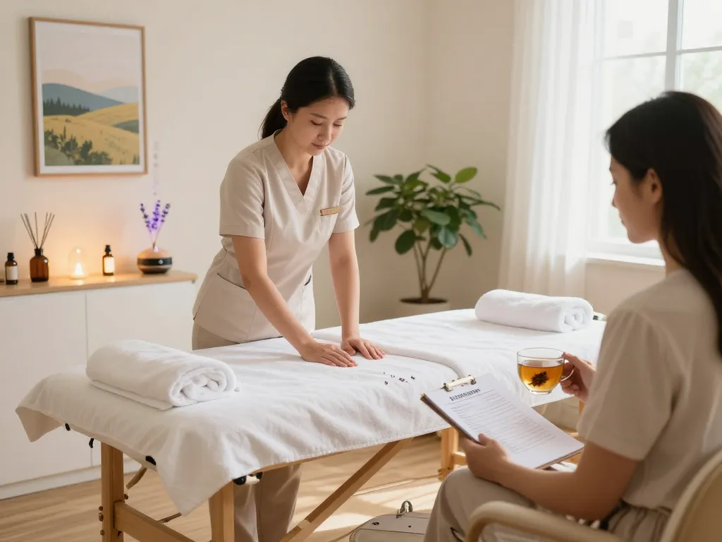 편안한 환경에서 치료를 준비하는 마사지사와 함께 환영하는 마사지 치료실, 오피스타 서비스 포함.