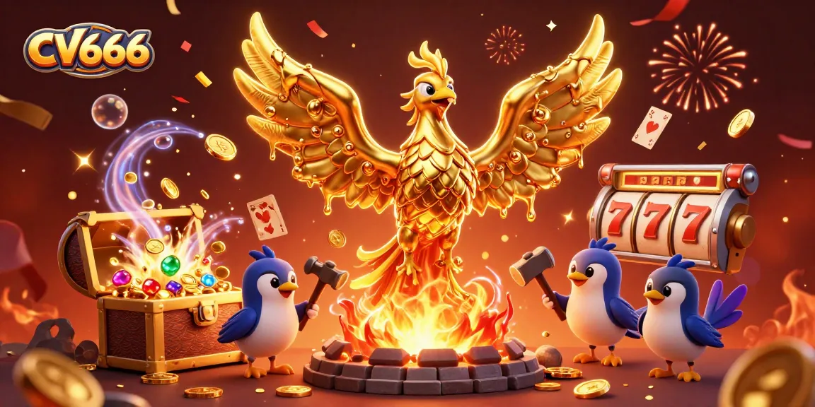 Experience thrilling gaming at CV666 with a molten phoenix, gold coins, and dynamic casino elements.