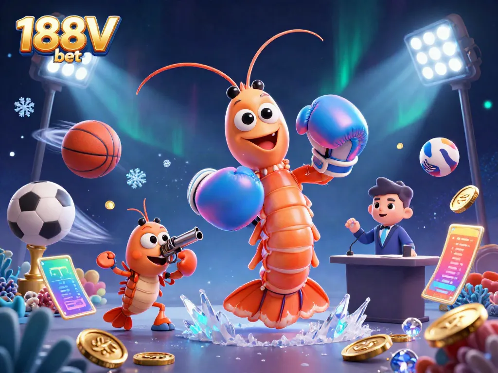 Experience the excitement of 188V bet with a dynamic scene featuring cartoon mantis shrimp and sports elements.