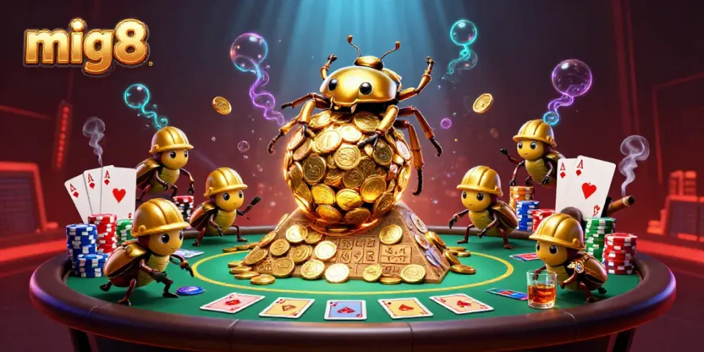 Experience excitement with the mig8 golden beetle racing coins in a vibrant casino scene.