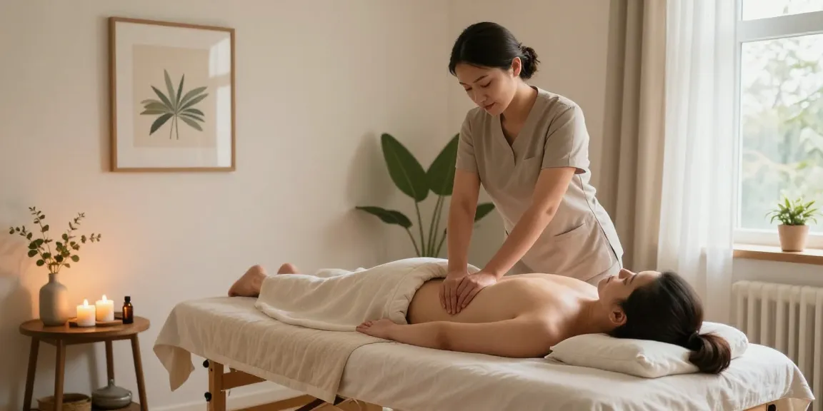 러시아안마를 받는 고객과 전문 관리사, 아늑한 마사지 공간에서 편안한 분위기 조성