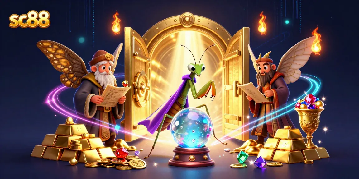 Experience the magic of sc88 with a vibrant illustration featuring a fortune teller, librarian, and floating oracles amidst casino treasures.