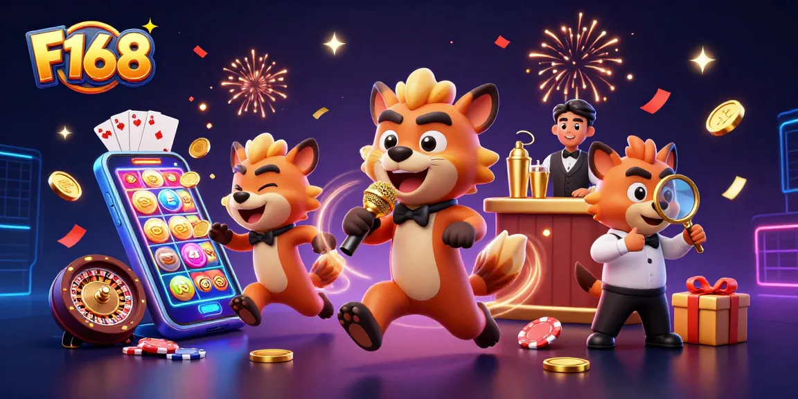 F168 showcases hyena characters in a lively casino scene with vibrant slot games and celebrations.