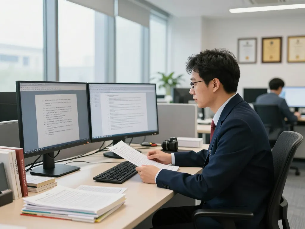 현대 사무실 환경에서 의료 번역 서비스를 제공하는 의료 전문가, 정확성과 전문성을 보여줍니다.