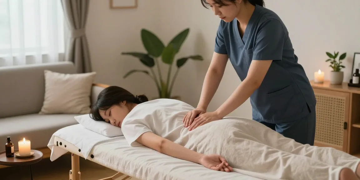 부산출장마사지 서비스 중인 마사지사와 편안한 고객, 아로마 향초와 식물이 있는 집안 분위기