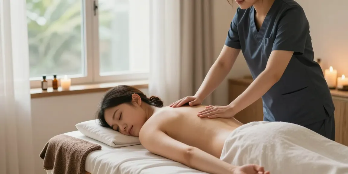 출장마사지 중인 고객과 관리사의 편안한 홈 환경을 담은 이미지
