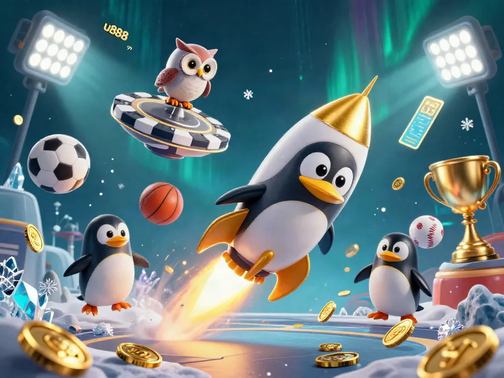 u888 penguin rockets through space, leaving a trail of gold coins, towards a vibrant casino.