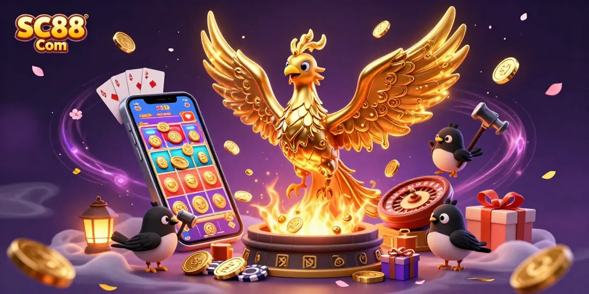 Experience thrilling gaming action at SC88 Com with vivid slot games, golden coins, and live casino excitement.