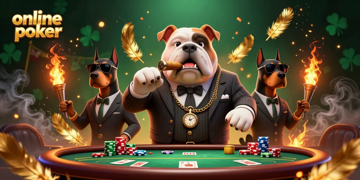 Engage in online poker with a mafia boss bulldog and bodyguard Doberman pinschers amidst vibrant casino elements.