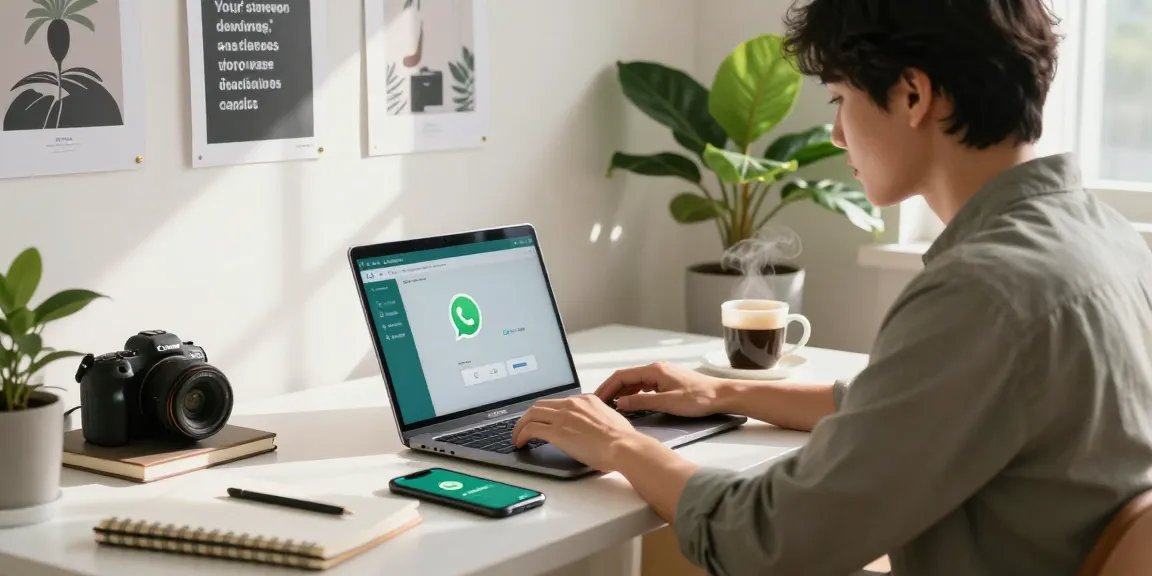Individual using WhatsApp網頁版 on laptop in a vibrant home office.
